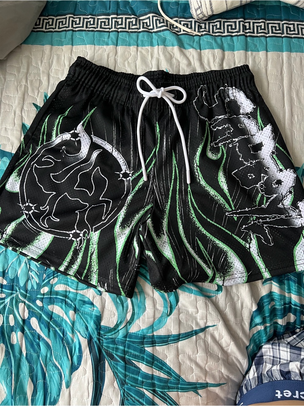 Men's Black Athletic Shorts with Green Graphic Print